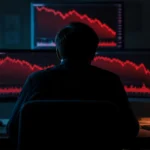 Silhouette d'un homme seul dans un bureau sombre face à des écrans affichant des courbes en baisse.