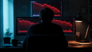 Silhouette d'un homme seul dans un bureau sombre face à des écrans affichant des courbes en baisse.