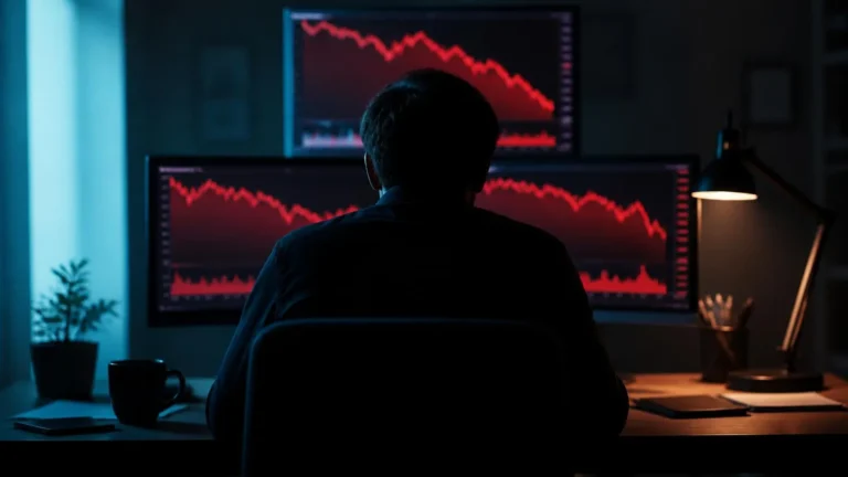 Silhouette d'un homme seul dans un bureau sombre face à des écrans affichant des courbes en baisse.