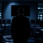 Silhouette d'un homme seul dans une salle des marchés vide, un écran éteint en arrière-plan.
