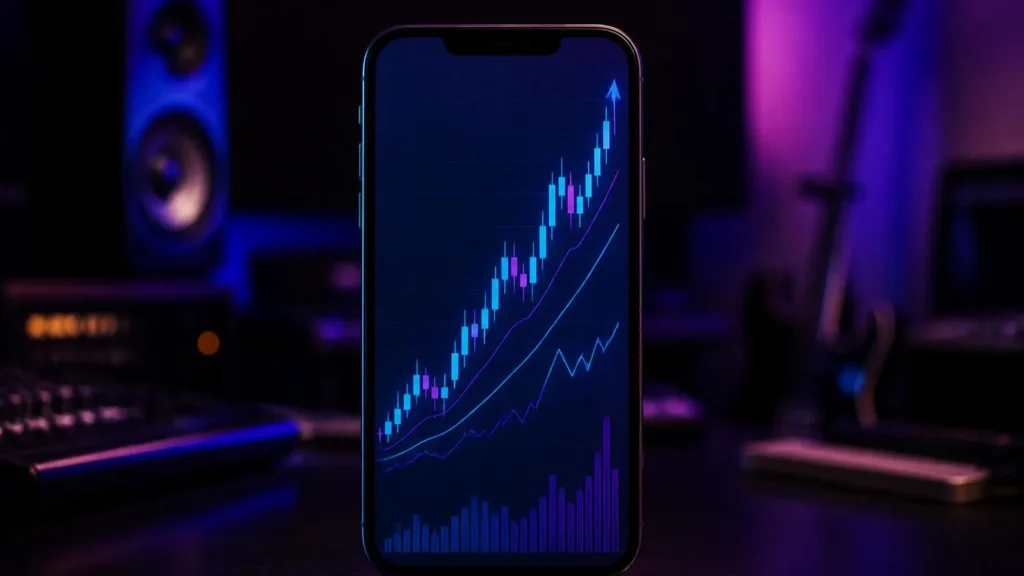 Gros plan sur un smartphone affichant une courbe, dans une ambiance de studio aux lumières néon.