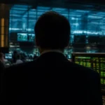 Silhouette d'un homme de dos face à des écrans de cotation dans une salle des marchés des années 90.