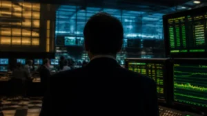 Silhouette d'un homme de dos face à des écrans de cotation dans une salle des marchés des années 90.