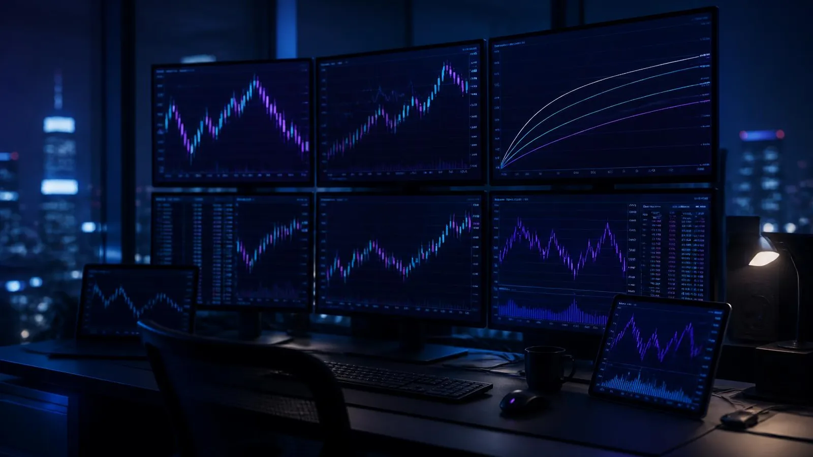 Bureau de trading la nuit avec des ecrans affichant des courbes de contrats a terme