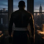 Silhouette d'un boxeur de dos face a un bureau vintage new-yorkais des annees 90