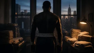 Silhouette d'un boxeur de dos face a un bureau vintage new-yorkais des annees 90