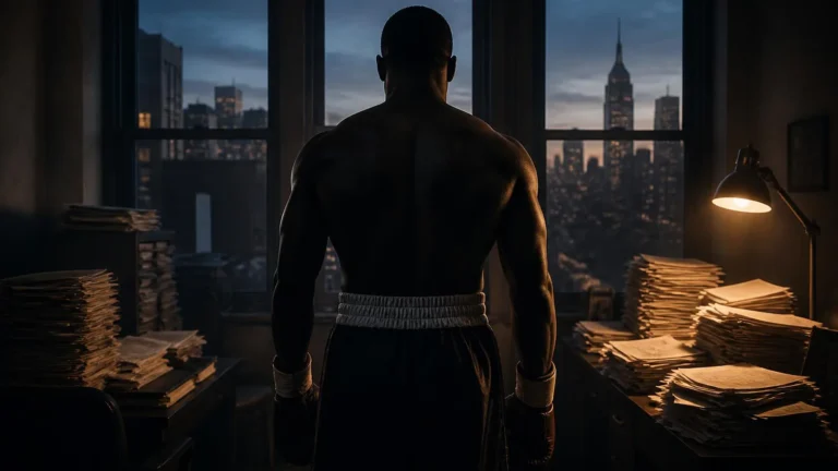 Silhouette d'un boxeur de dos face a un bureau vintage new-yorkais des annees 90