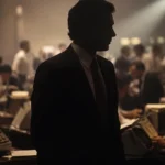 Silhouette d'un homme en costume dans une salle de courtage bondée, ambiance années 90.
