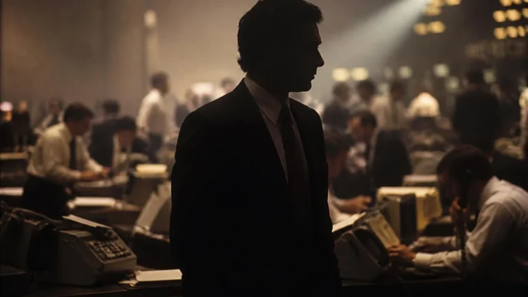 Silhouette d'un homme en costume dans une salle de courtage bondée, ambiance années 90.